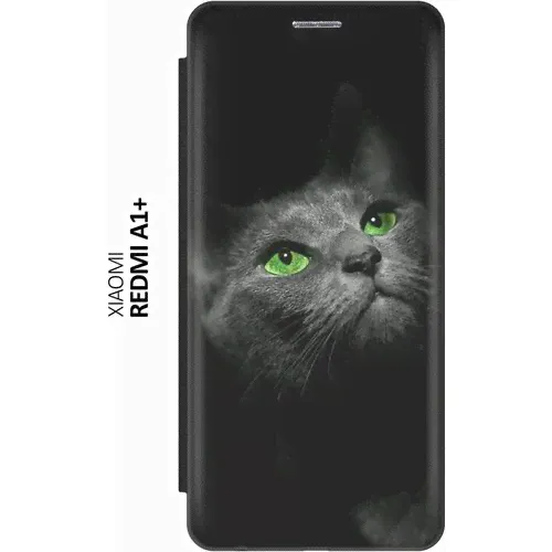 Чехол-книжка Зеленоглазая кошка на Xiaomi Redmi A1+ / Сяоми Редми А1 Плюс черный зеленый, серый, черный